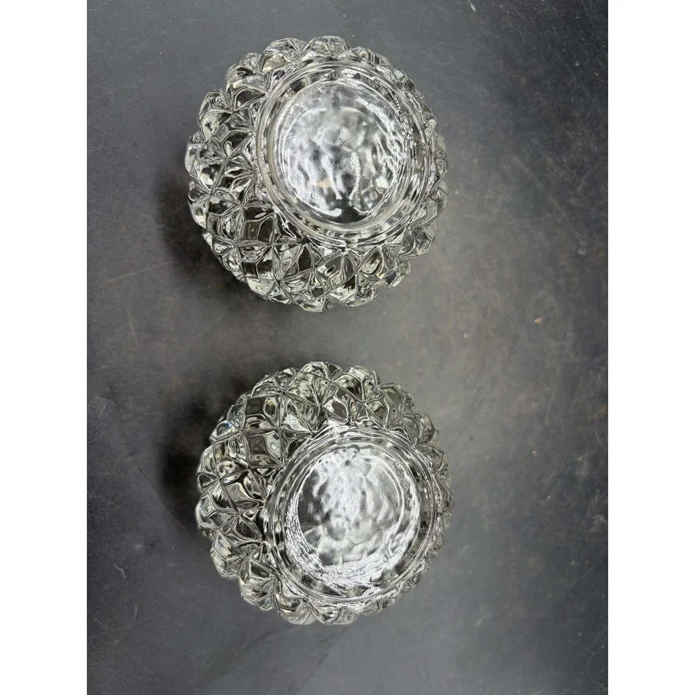 Vintage Diamond Point Clear Cut Glass Votive Tea Light Candle Holders Set of 2